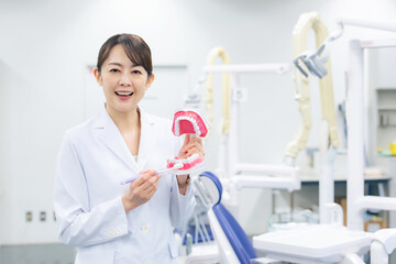 歯磨き指導をする歯科医師・歯科衛生士の女性