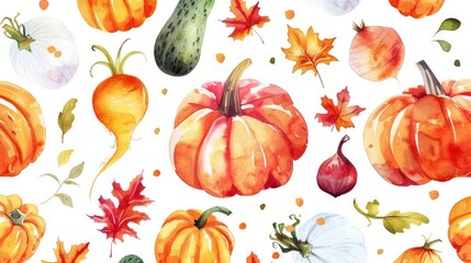 Watercolor hand painted autumn vegetables seamless pattern on white background ideal for textiles scrapbooking and kitchen decor