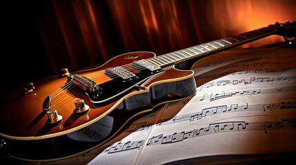 Acoustic guitar and music sheet on table, ready for practice session