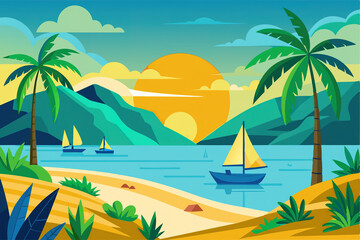 Obraz premium Cartoon summer beach vacation, Tropical Palm tree, ocean or sea seashore Paradise nature background illustration Ganaretive AI