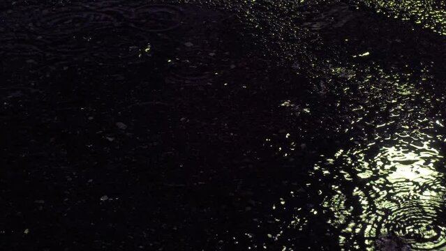 雨降りの夜 水たまりに反射する街灯の光