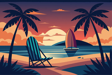 Cartoon summer beach vacation, Tropical Palm tree, ocean or sea seashore Paradise nature background illustration Ganaretive AI