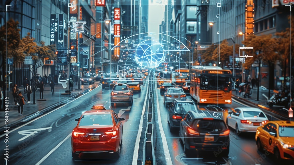 Poster An AI software that analyzes images of city streets filled with different types of vehicles. Generative AI.