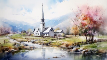 Fototapeta na wymiar Watercolor of a modern church in a small village