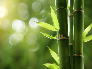 A peaceful scene of bamboo leaves and stems bathed in warm sunlight, creating a tranquil and serene atmosphere in a lush, green environment.