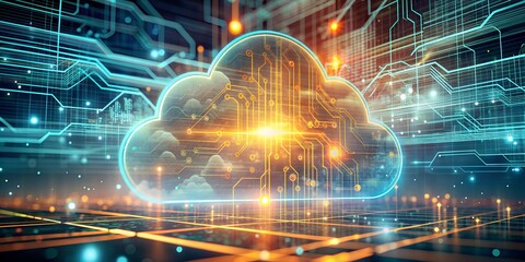 Obraz premium Futuristischer Technologie Hintergrund Cloud Lösungen mit Elektronik - Digitale Daten - Digitalisierung - Systeme Programmierung und Speicherung