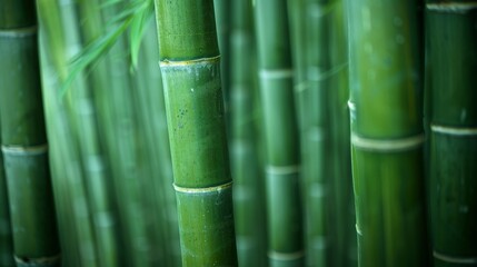 Fototapeta premium Close-up of green bamboo stems creating a peaceful and serene atmosphere. Ideal for nature-themed backgrounds or zen-inspired designs.