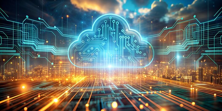 Futuristischer Technologie Hintergrund Cloud L&ouml;sungen mit Elektronik - Digitale Daten - Digitalisierung - Systeme Programmierung und Speicherung