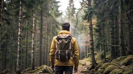 Fototapeta premium Man hiking in forest with backpack wearing yellow jacket
