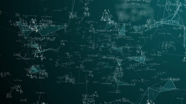 mathematical and physical formulas moving in space with lines and dots, the concept of science fiction, futurism, innovation and technological breakthrough, as well as education and cyberspace