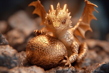 Obraz premium an adorable gold colored baby dragon hatching from a large egg, dramatic lighting, glowy background. generative AI