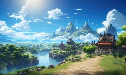 Fototapeta premium Serene Village in a Lush Valley