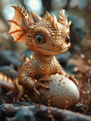 an adorable gold colored baby dragon hatching from a large egg, dramatic lighting, glowy background. generative AI