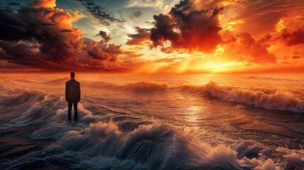 Fototapeta premium Man standing in ocean waves during dramatic sunset