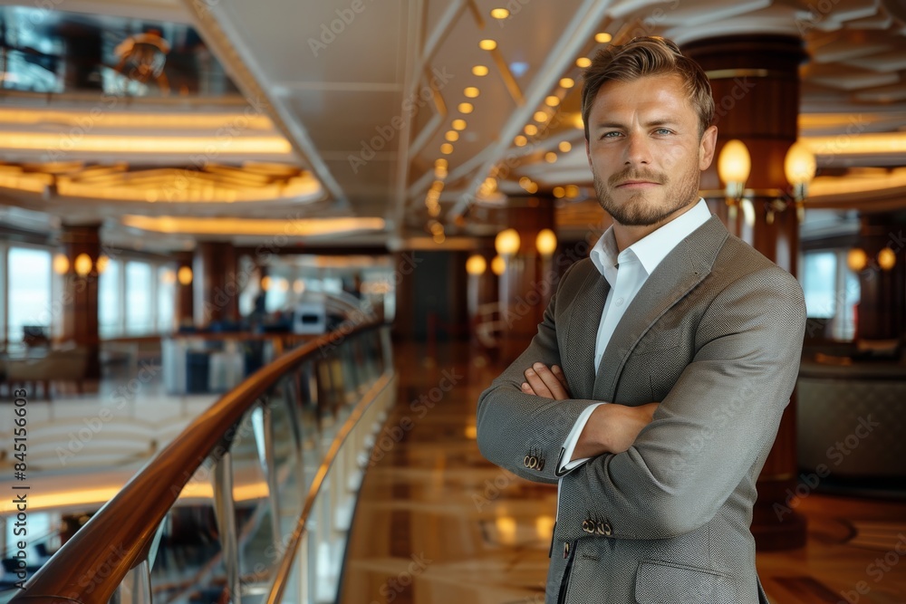Aufkleber a portrait of smart man on main floor of luxury liner. generative ai.