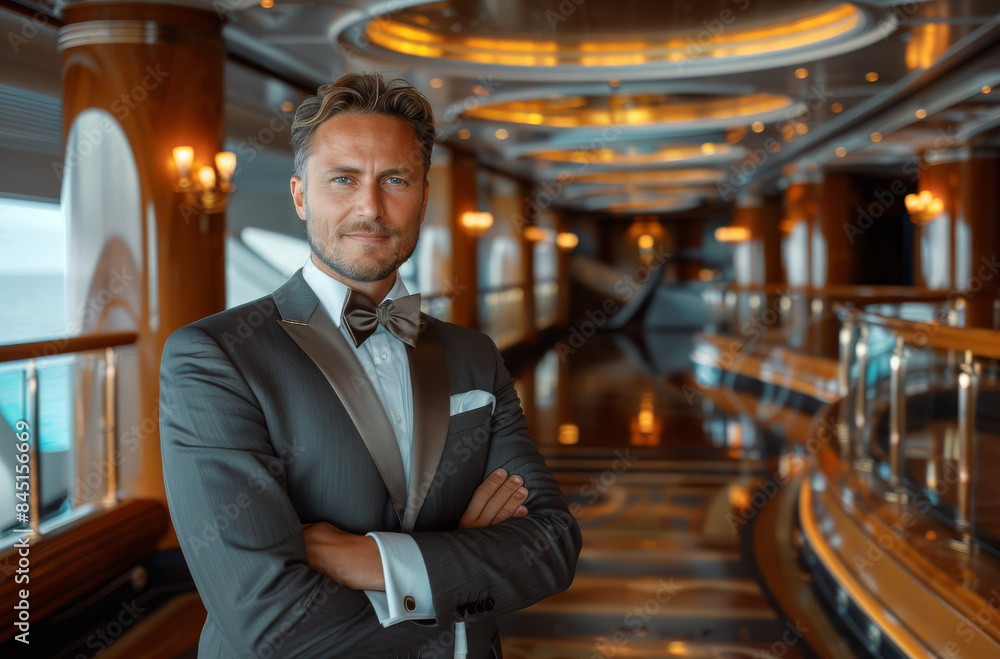 Poster a portrait of smart man on main floor of luxury liner. generative ai.