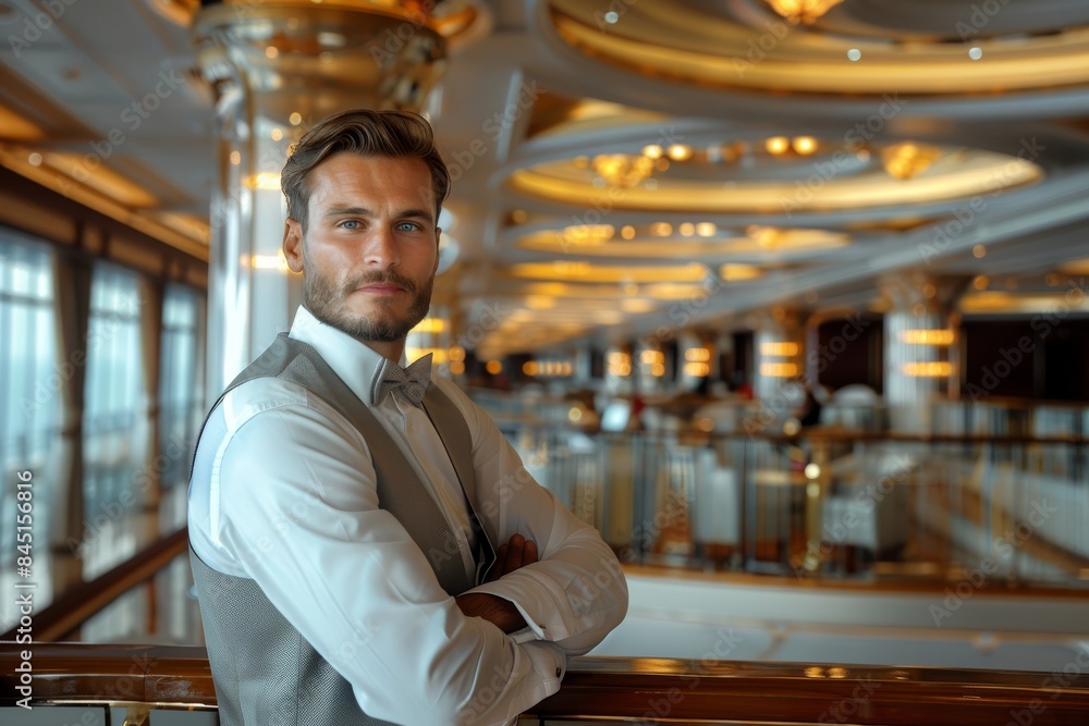 Poster a portrait of smart man on main floor of luxury liner. generative ai.