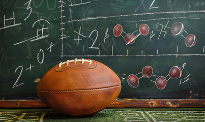 Rugby Ball with Chalkboard Football Strategy Diagram in Classroom Setting for Sports Training Concept
