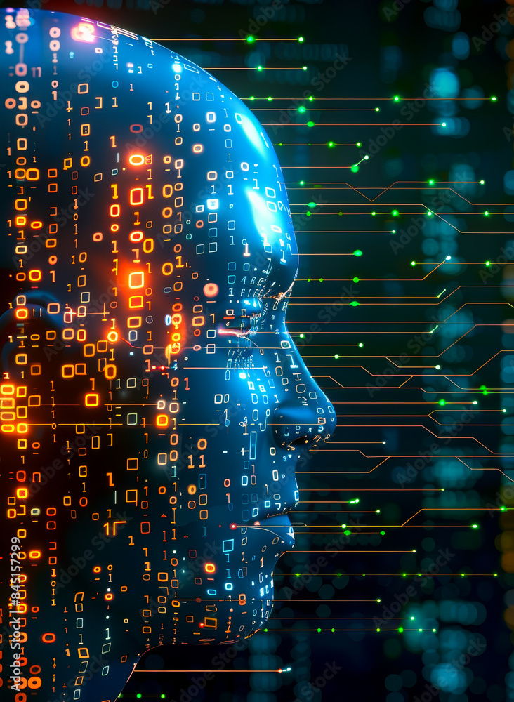 Poster artificial intelligence and cognitive computing concept with digital binary code on human face, 3d r