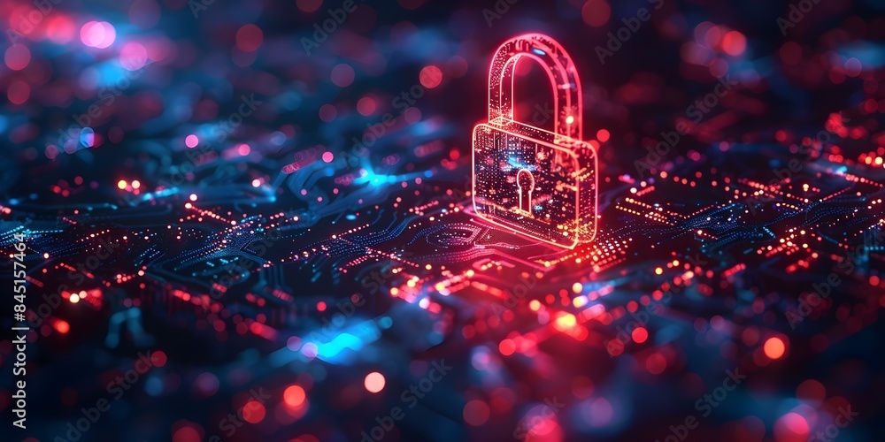 Poster digital padlock icon symbolizing cyber security and data protection against cyber attacks. concept c