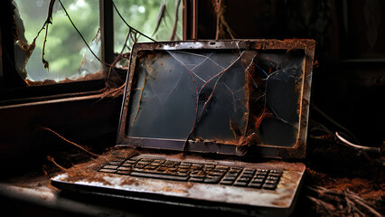 Relic of a Digital Past showing an old rusted laptop covered with the spider webs