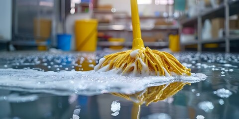 Low angle view of yellow mop cleaning soapy wet floor indoors. Concept Cleaning, Mop, Yellow, Wet Floor, Indoor