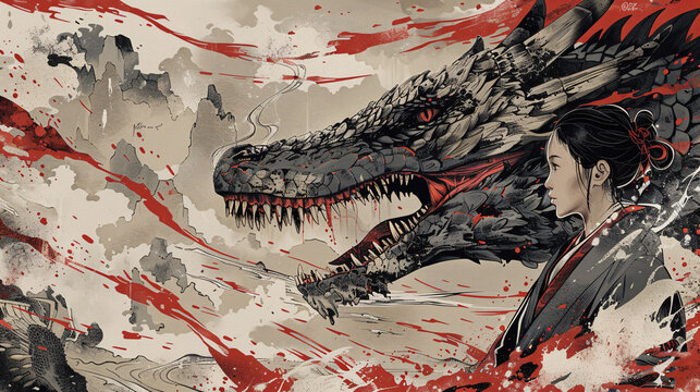 China-inspired vector illustration featuring a ferocious  dargon skull duo