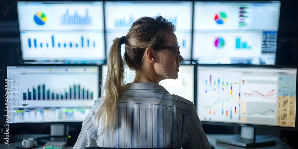 Poster a female senior data scientist analyzing big data graphs on multiple monitors. concept technology, d