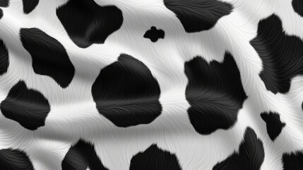 Close-up of a black and white cow print fabric with a wrinkled texture.
