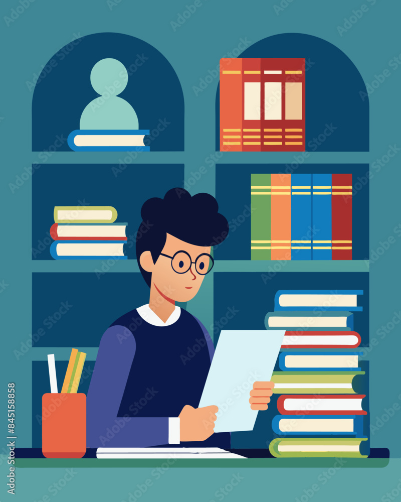 Poster in a quiet library a person pores over books on how to write a killer resume while a help wanted sig