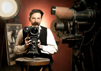 Fototapeta premium Man taking photo with old historical camera. vintage camera photographing in studio Photographer with retro camera taking photo. man prepares for shooting on large format camera. 18th, 19th century