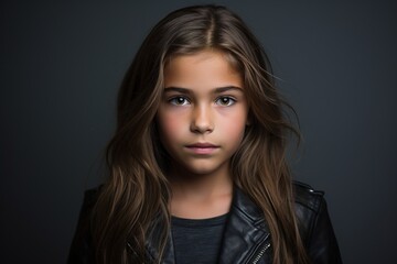 Fototapeta premium A young girl with long brown hair is wearing a black leather jacket