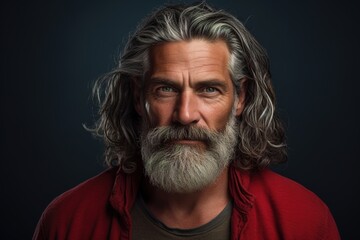 Fototapeta premium A man with a beard and long hair is wearing a red shirt