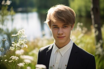 A young man is standing in a field of flowers, wearing a suit and a white shirt