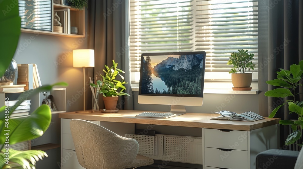 Poster modern and stylish office corner with computer. generative ai.