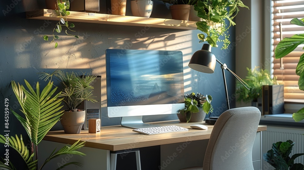 Poster modern and stylish office corner with computer. generative ai.