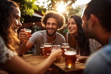 A group of people are sitting around a table, laughing and drinking beer