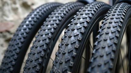 Close-up of four mountain bike tires with knobby treads lined up, illustrating durability and traction for off-road cycling.