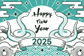 2025年　年賀状横　巳のイラスト
