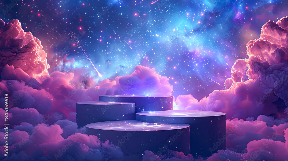 Wall mural abstract minimalistic purple podium backdrop with fluffy clouds and galaxy sky for product placement