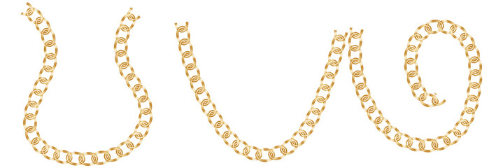 Luxury chains from base metals, fashion concept. Gold chain isolated. Vector necklace on white background. Chunky chain golden metallic necklace or bracelet.