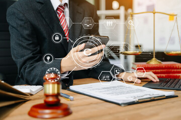 Copyright or patent concept, Person hand using laptop computer, tablet and smartphone with virtual screen copyright icon