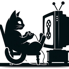 椅子に座ってゲームをする猫のシルエットイラスト