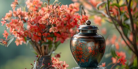Photo of urn with ashes next to embalmed body at cremation funeral. Concept Cremation Funeral, Final Farewell, Urn Placement, Emotional Memories