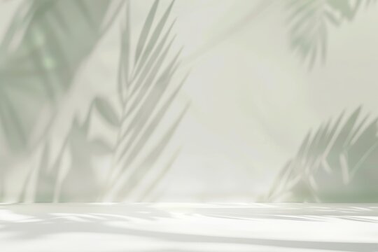 Modern minimalistic light background with blurred foliage shadow and white floor for product presentation