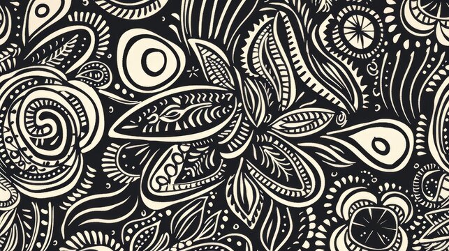 Experience the tranquil and seamless patterns of Tracery in Mehndi designs featuring intricate ethnic monochrome doodles that create a soothing curved black and white backdrop