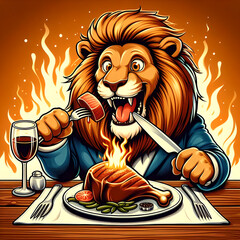 スーツを着たライオンがナイフとフォークで肉を食べている