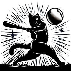 バットを持ってボールを打ち返す猫のシルエットイラスト