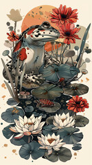 A beautiful frogs summer scene with birds perched on a tree blooming with colorful flowers and butterflies fluttering around