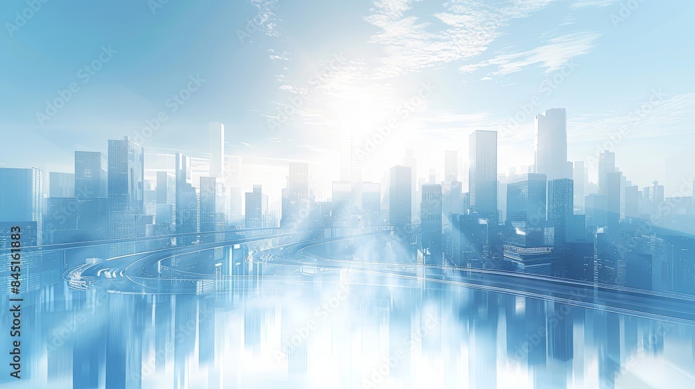 Aufkleber white background, city skyline in the style of future technology sense of architecture, light blue a